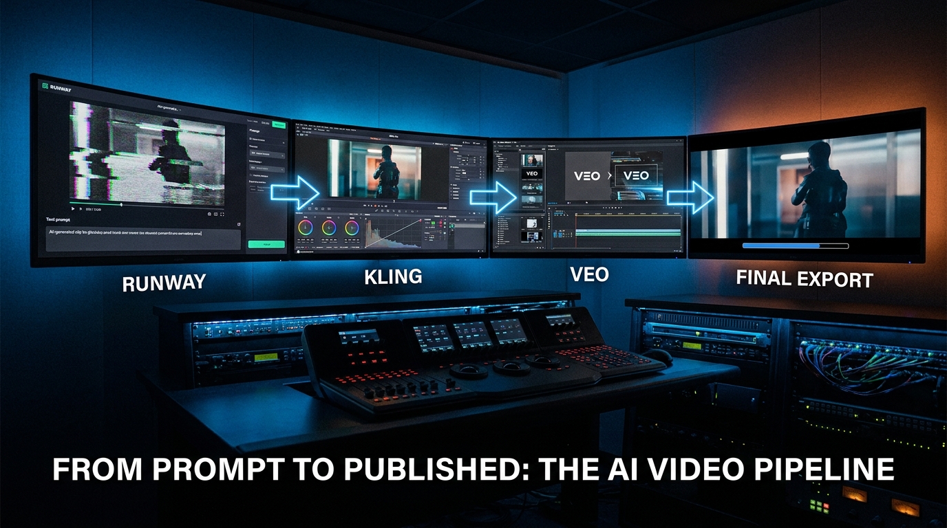 AI video production pipeline control room showing Runway, Kling, and Veo tools routing clips between stages