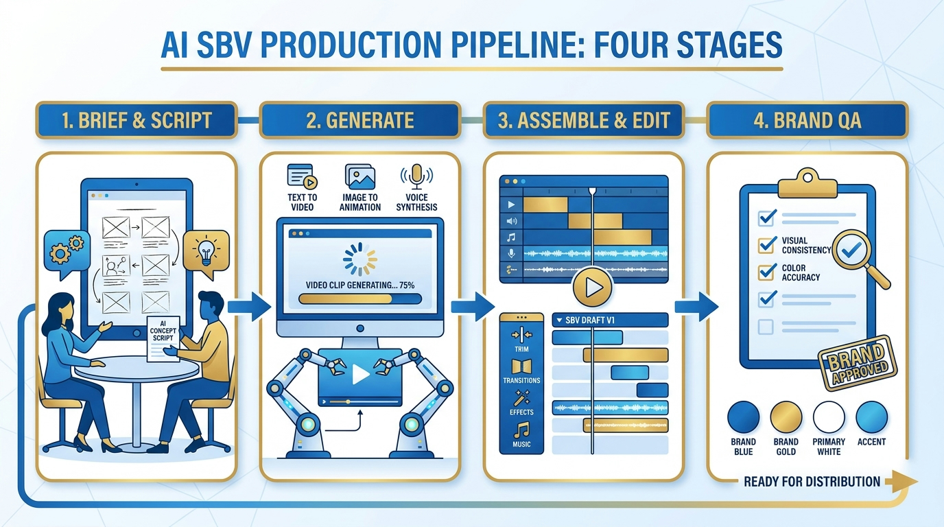 Four-stage AI SBV production pipeline: Brief, Generate, Assemble, Brand QA