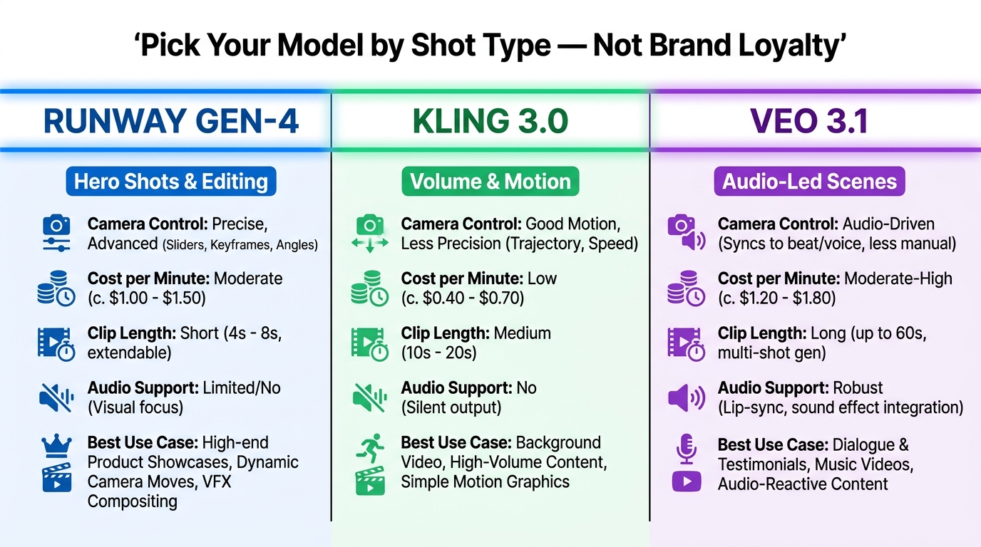 Tool comparison chart showing Runway Gen-4, Kling 3.0, and Veo 3.1 matched to specific SBV shot types