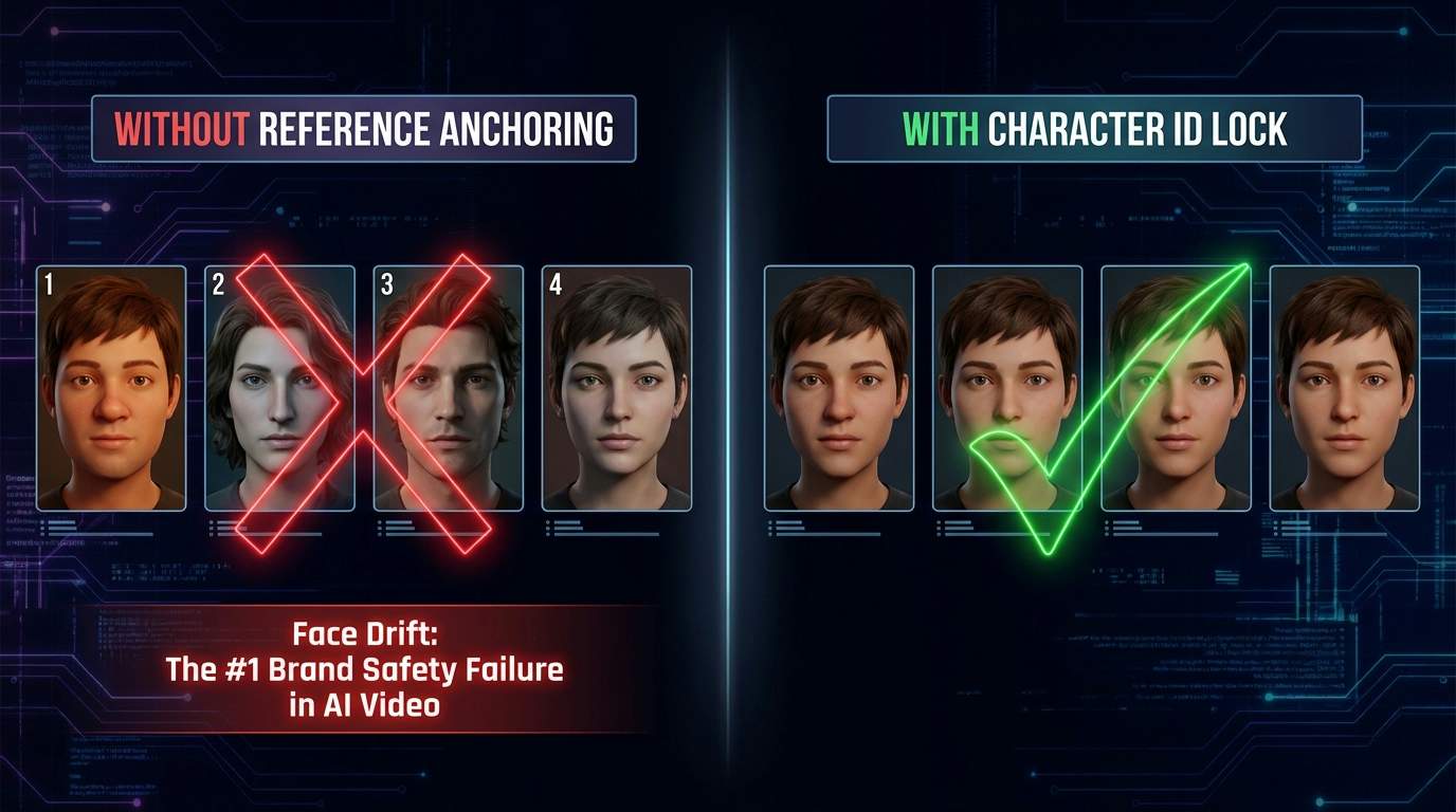 Side-by-side comparison showing face drift in AI video without reference anchoring vs consistent character with character ID lock