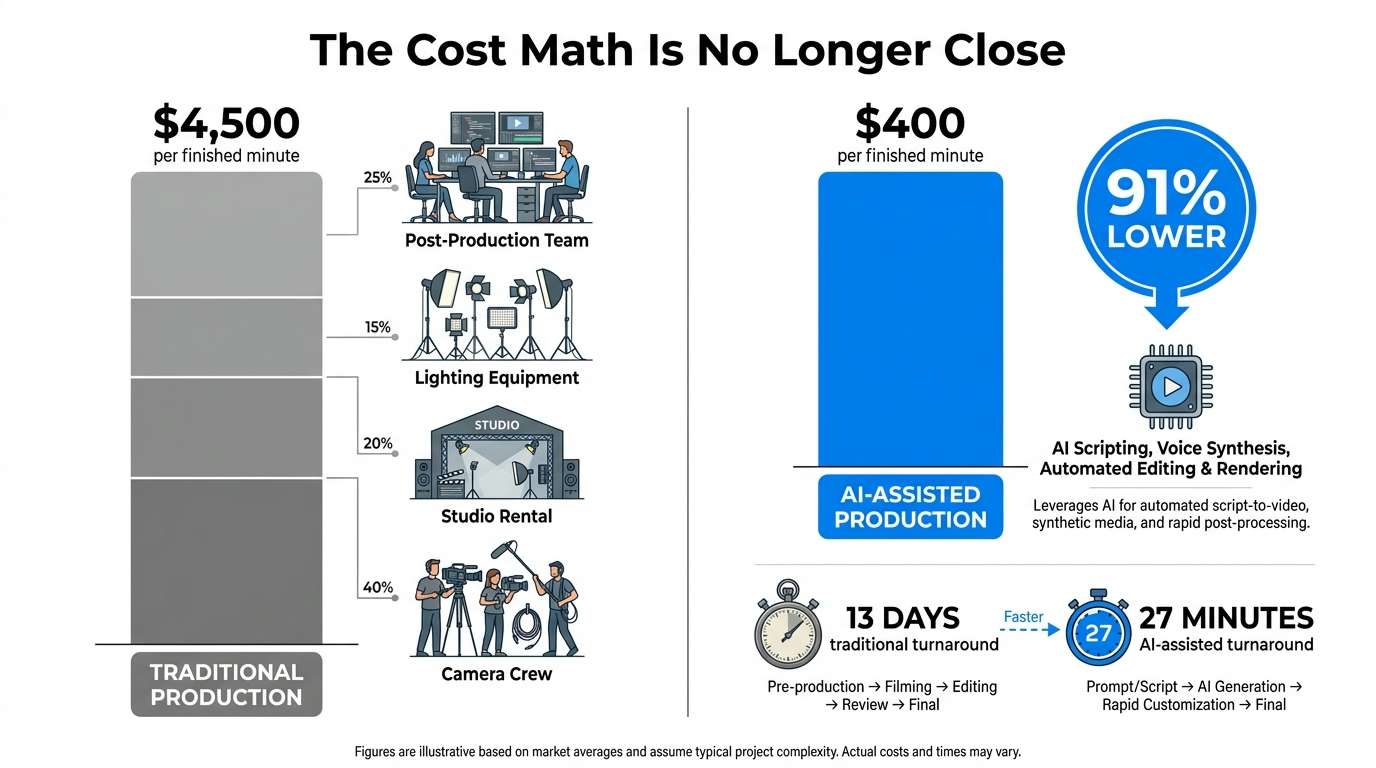 Cost comparison chart showing traditional video production at $4,500 per minute vs AI-assisted at $400 per minute — 91% reduction