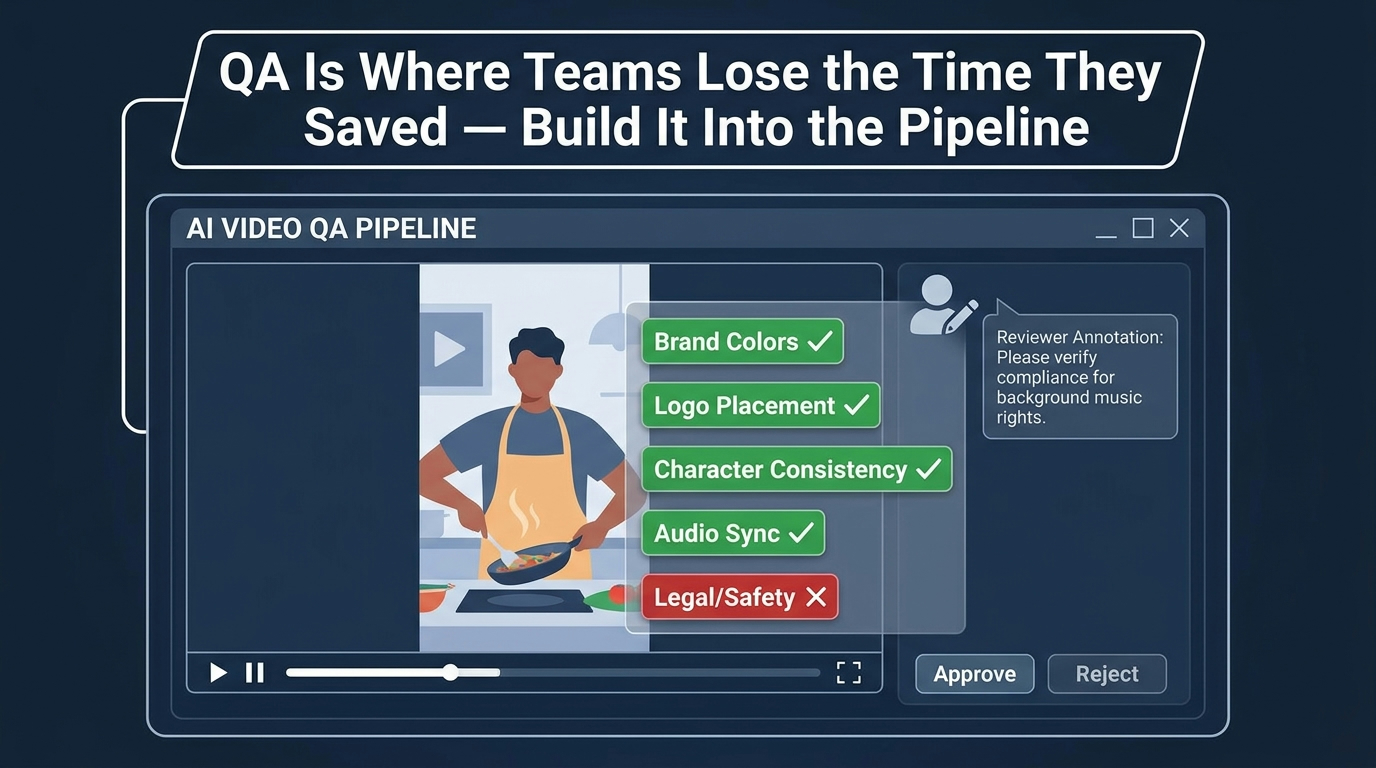 AI video QA review dashboard showing automated brand checks alongside human reviewer annotation