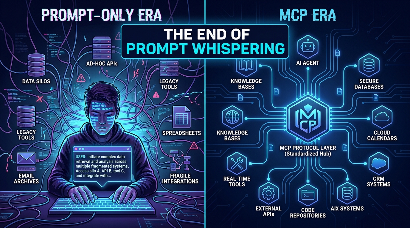 Split visual comparing the fragmented Prompt-Only Era with the clean MCP Era protocol architecture