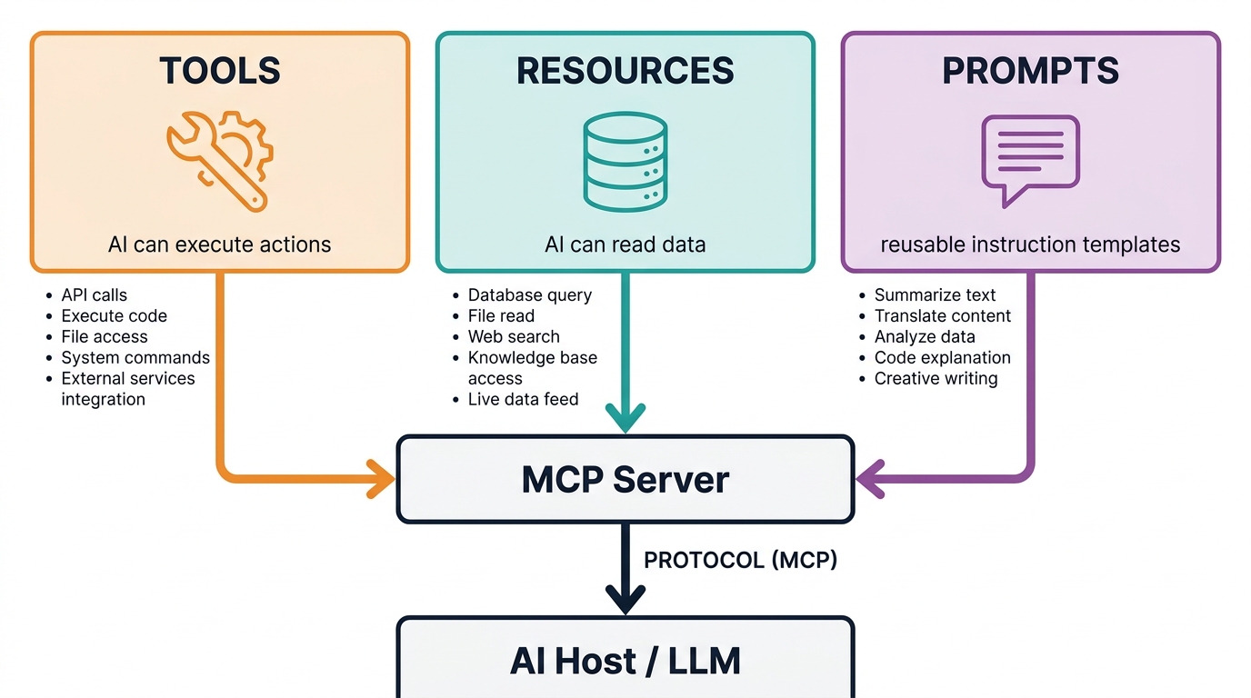 MCP three core primitives diagram showing Tools, Resources, and Prompts as the building blocks of the protocol