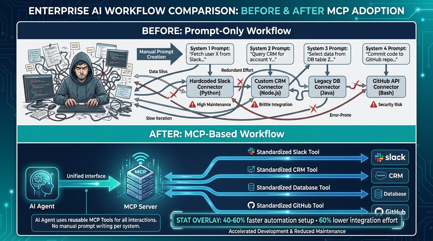 Before-and-after comparison of prompt-only versus MCP-based enterprise AI workflows showing 40-60% faster automation setup