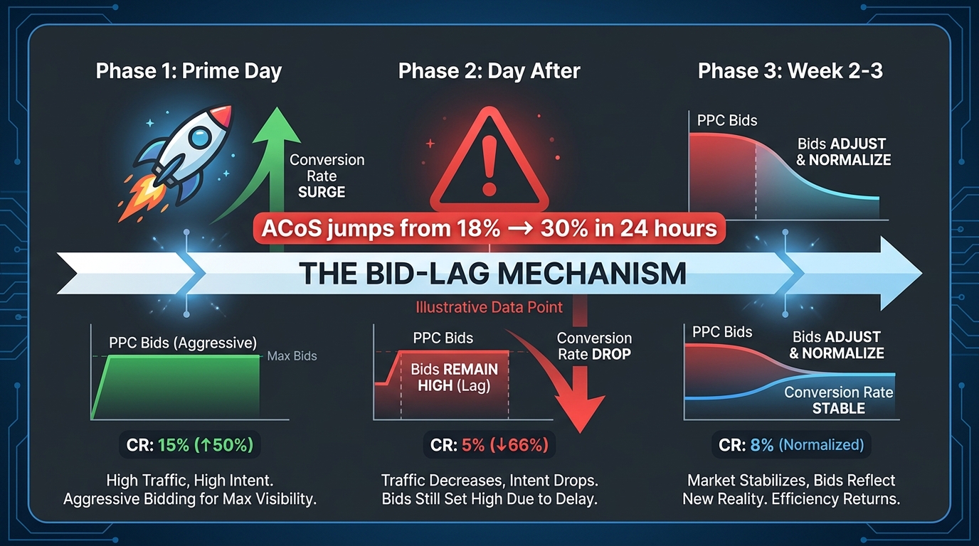 Timeline showing Amazon PPC bid-lag mechanism: Prime Day ACoS 18%, Day After 30% spike, gradual normalization over weeks 2-3