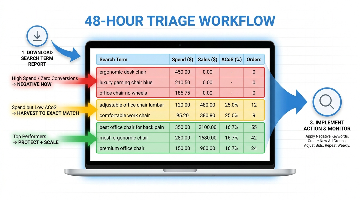 48-hour PPC triage workflow showing color-coded search term spreadsheet: red rows for high spend zero conversions, yellow for harvest candidates, green for top performers