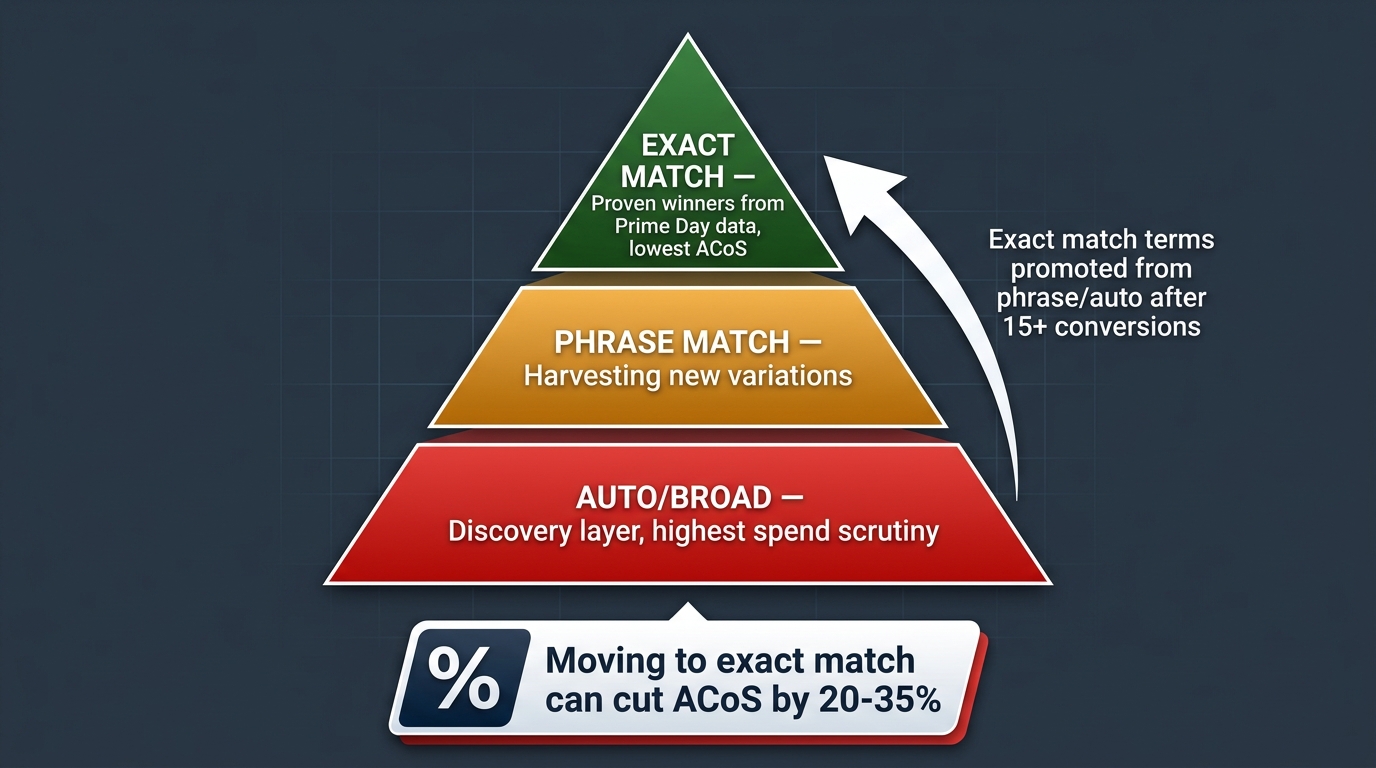 Match type funnel showing exact match at top as proven Prime Day winners, phrase match in middle for harvesting, auto/broad at bottom as discovery layer