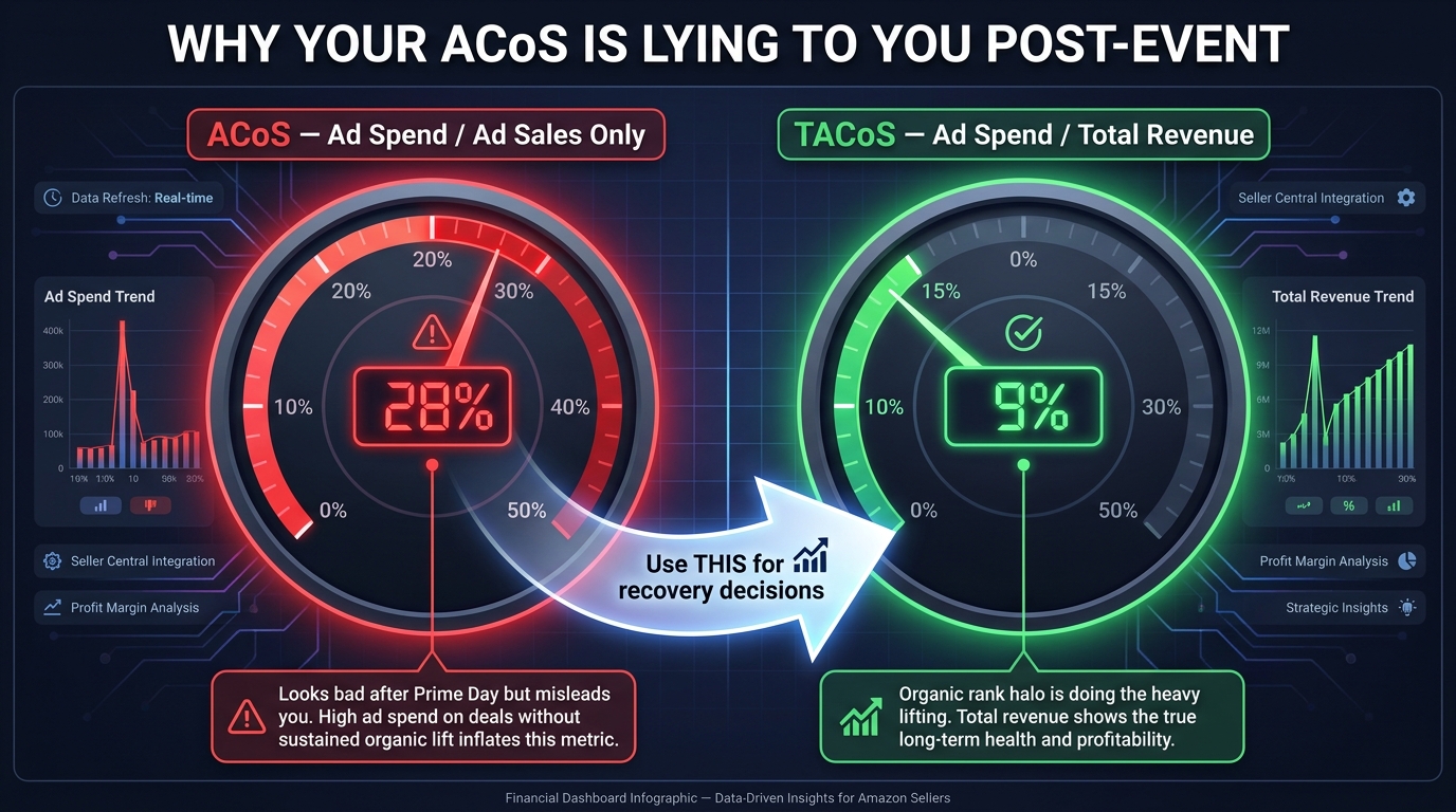 TACoS vs ACoS comparison gauges: ACoS showing 28% with misleading signal, TACoS showing 9% reflecting organic rank halo doing the heavy lifting post-Prime Day