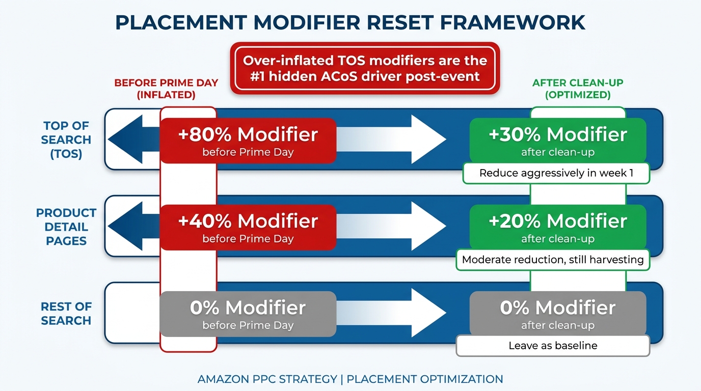 Placement modifier reset framework showing Top of Search reduced from +80% to +30%, Product Detail Pages from +40% to +20%, Rest of Search held at baseline