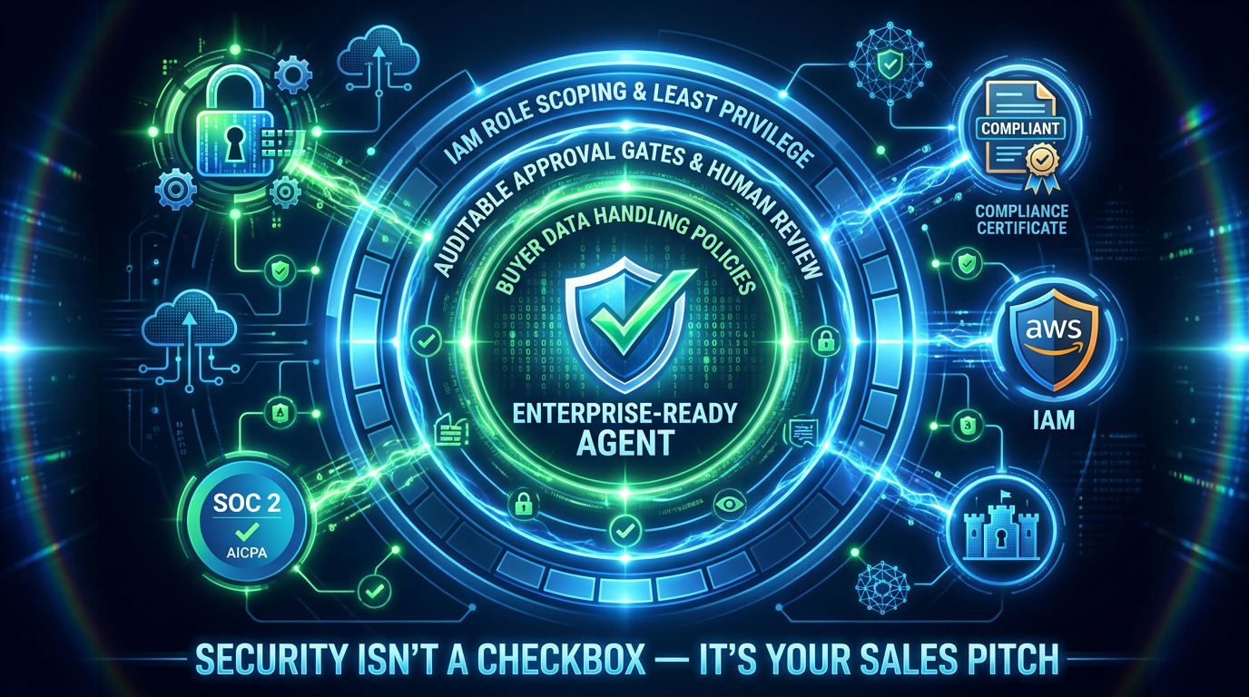 Enterprise AI agent security architecture: IAM role scoping, auditable approval gates, buyer data handling policies, with security as competitive advantage
