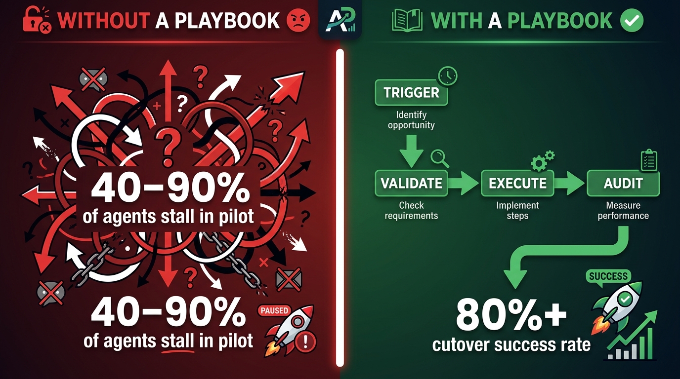 Without a playbook: 40–90% of agents stall in pilot. With a playbook: 80%+ cutover success rate — split-screen infographic