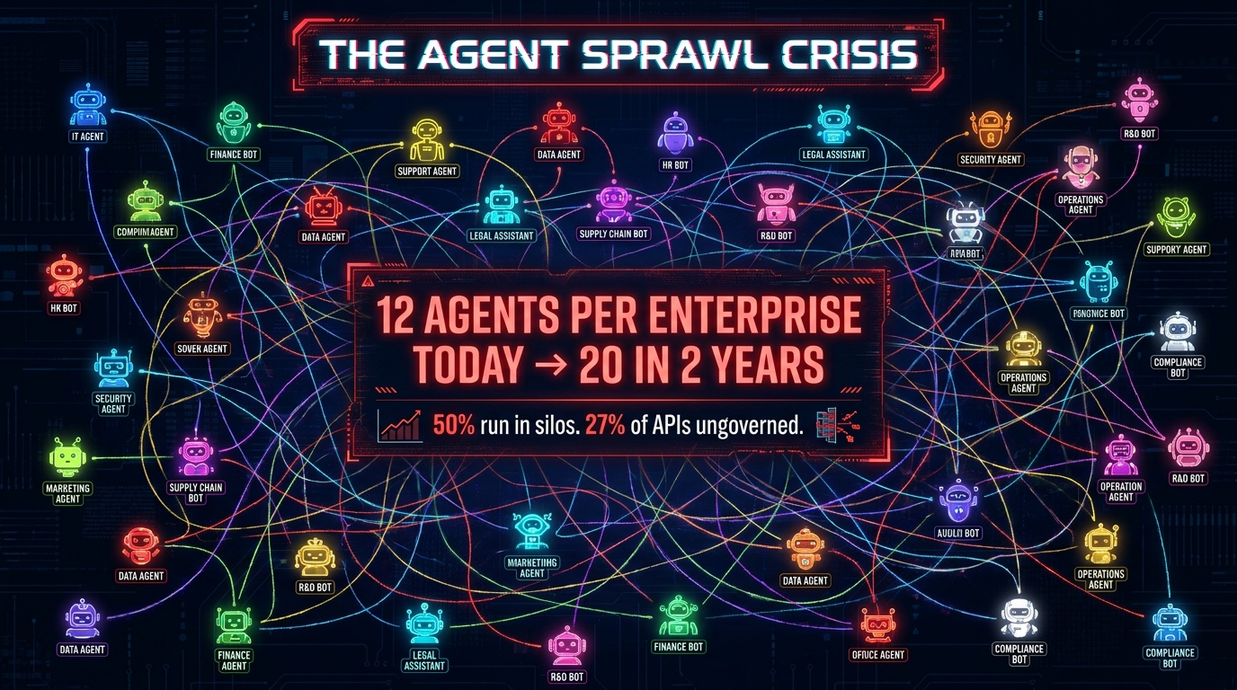 The Agent Sprawl Crisis — 12 agents per enterprise today, growing to 20 in 2 years, with 50% running in silos and 27% of APIs ungoverned