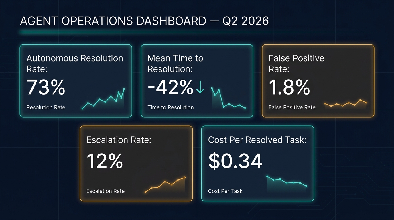 Agent Operations Dashboard showing autonomous resolution rate, mean time to resolution, false positive rate, escalation rate, and cost per resolved task