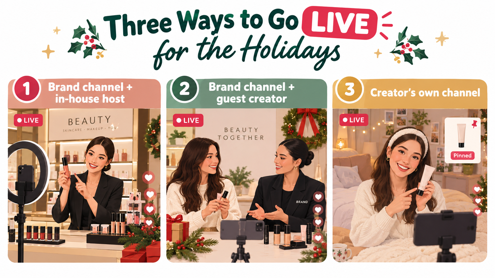 Three-panel illustration of holiday LIVE formats: brand channel with in-house host, brand channel with guest creator, and the creator's own channel