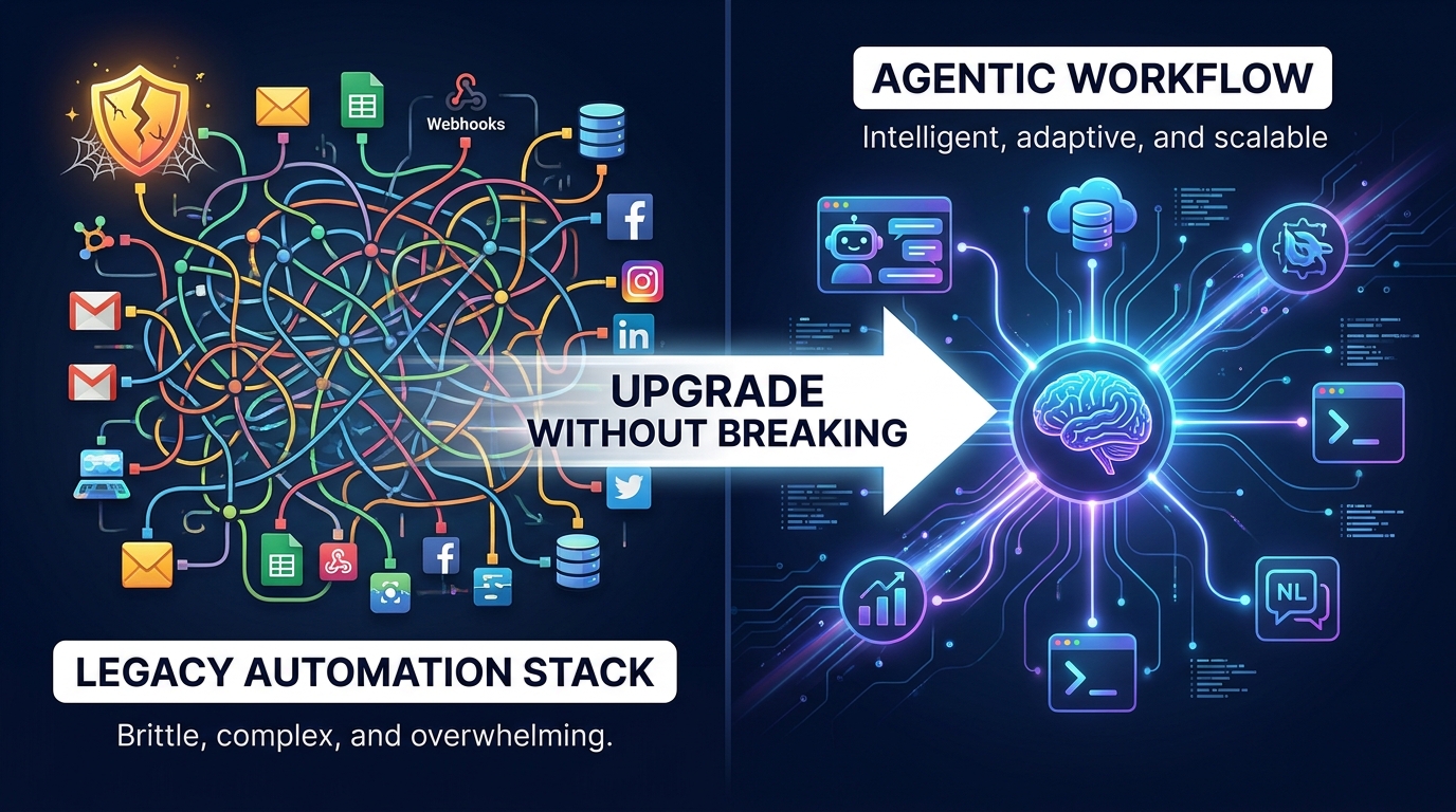 Split-screen showing tangled legacy Zapier automation stack on the left versus clean AI agent workflow on the right, with the text 'Upgrade Without Breaking'