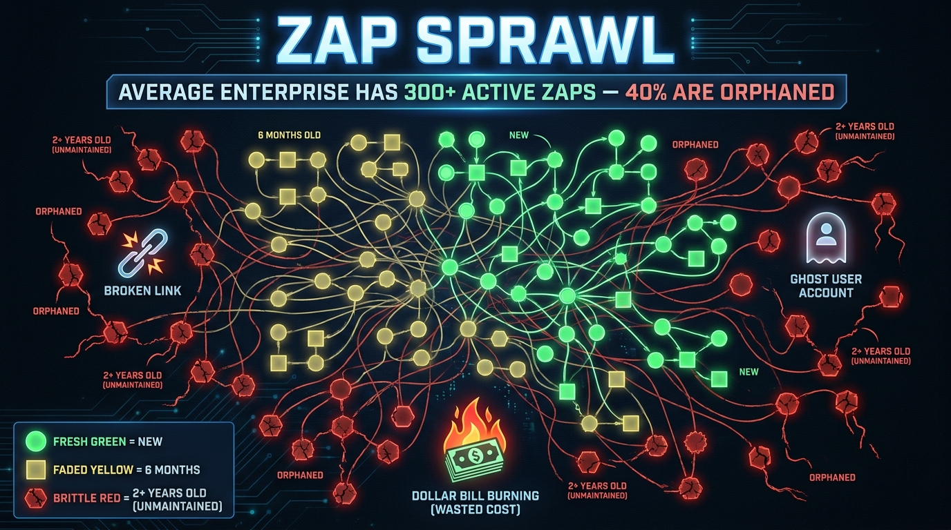 Infographic showing Zap sprawl in a typical enterprise, with 40% of workflows orphaned and color-coded by age and maintenance status