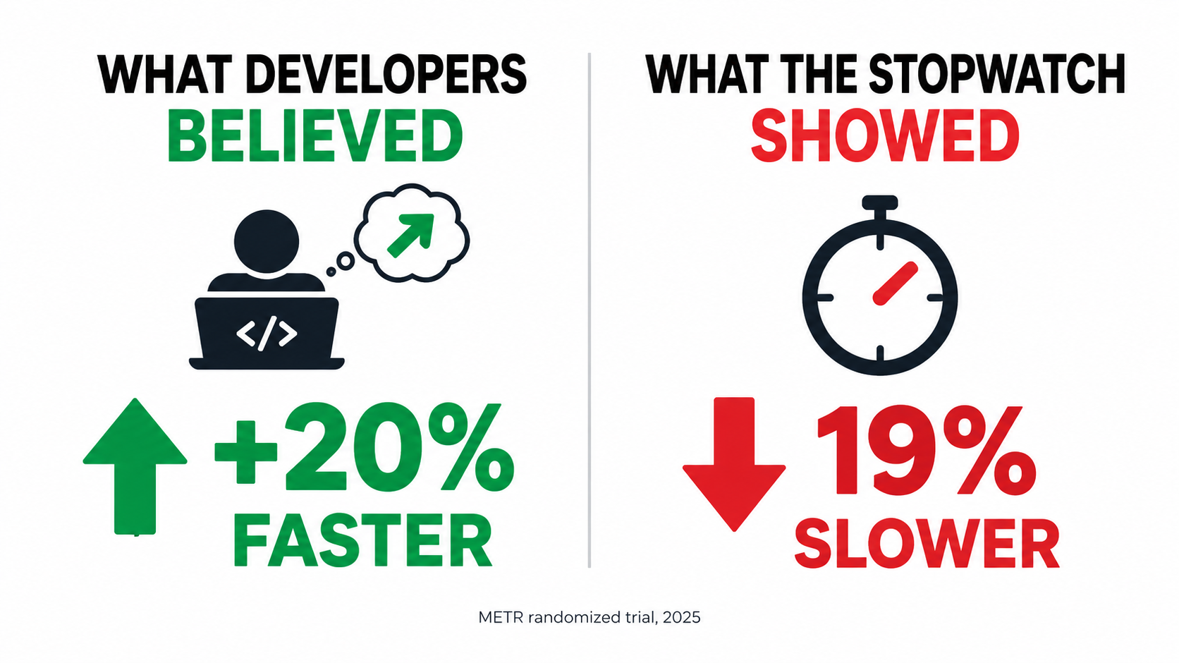 Split-screen comparison: developers believed AI made them 20% faster, but the METR randomized trial measured them as 19% slower