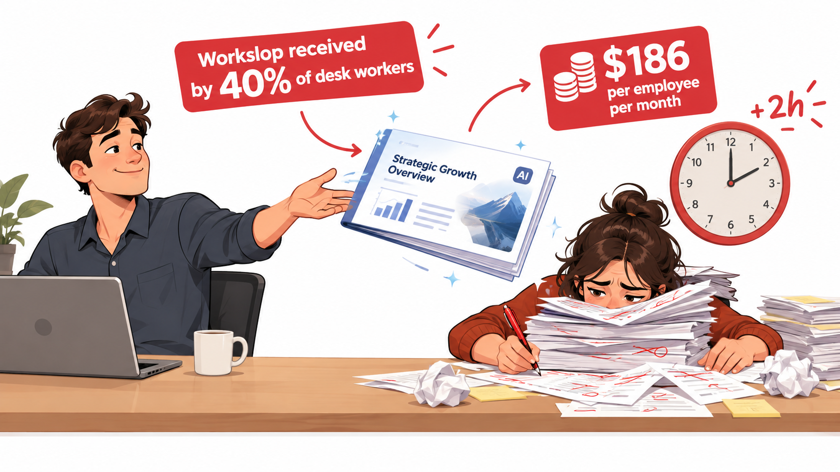 Office illustration of one employee forwarding a polished AI-generated deck while a colleague spends two hours fixing it, with callouts for 40% of workers receiving workslop and $186 per employee per month