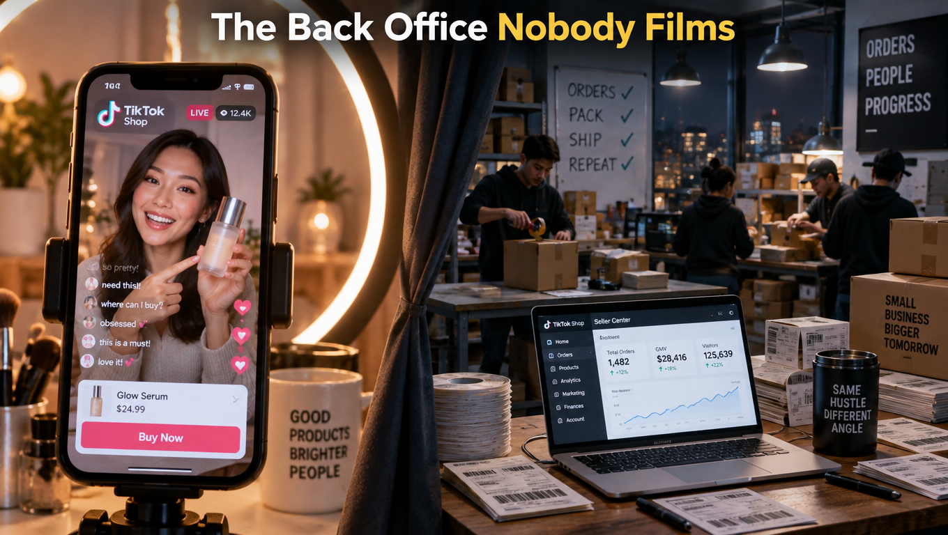 Split illustration showing a TikTok Shop video on a phone on one side and a busy warehouse back office with packing tables and shipping labels on the other