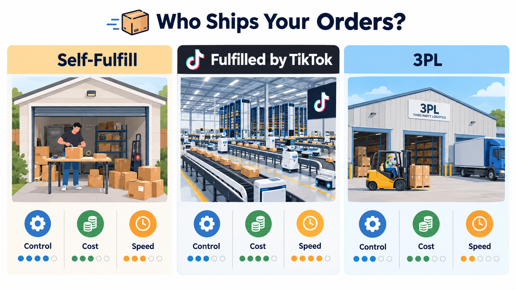 Comparison infographic of self-fulfillment, Fulfilled by TikTok, and third-party logistics warehouses with icons for control, cost and speed