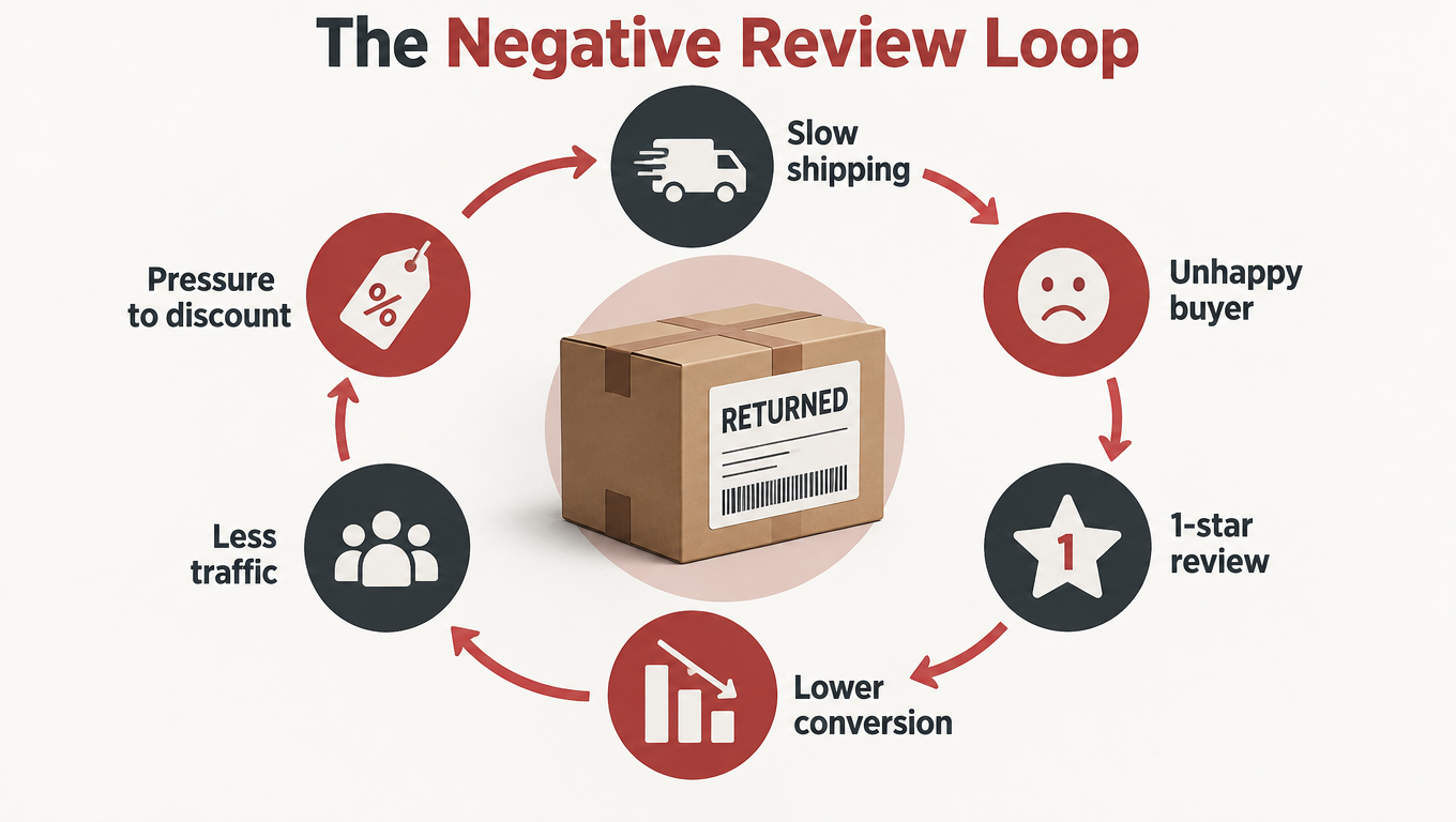 Circular diagram of the negative review loop from slow shipping to unhappy buyer to one-star review to lower conversion and less traffic