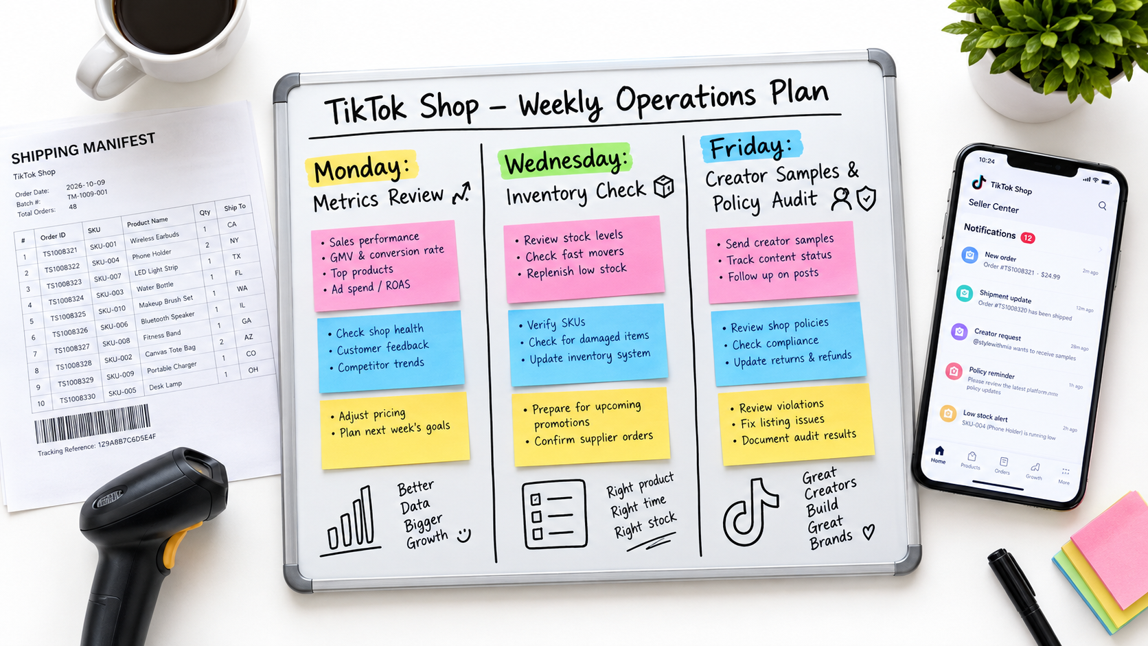 Weekly operations planning whiteboard for a TikTok Shop seller with Monday metrics review, Wednesday inventory check, and Friday creator samples and policy audit