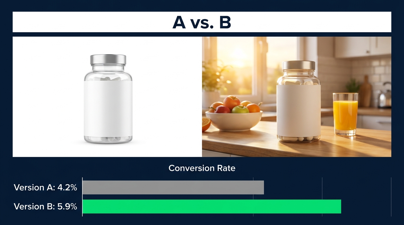 Split-screen Amazon product image A/B test showing Version A white-background vs Version B lifestyle photo with conversion rate comparison bar chart