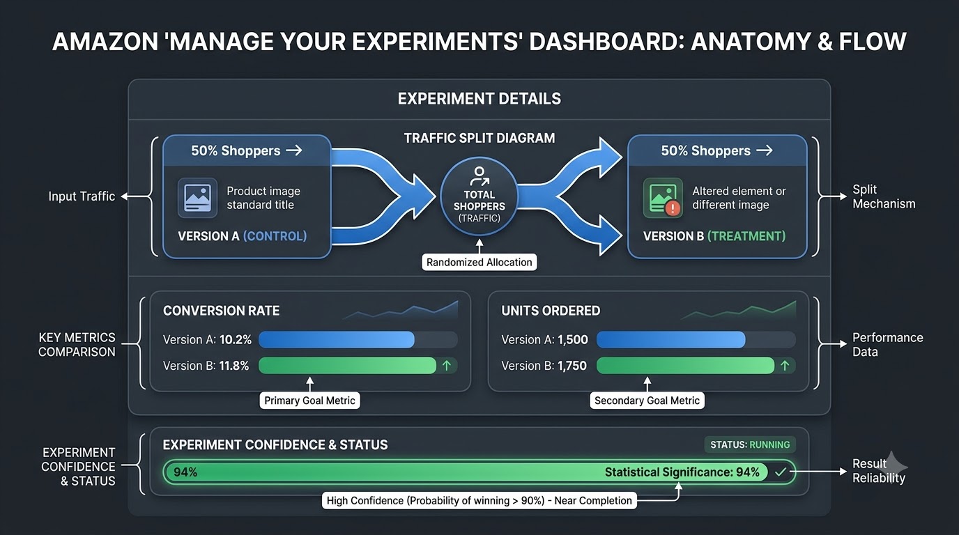 Infographic showing Amazon Manage Your Experiments dashboard anatomy with 50/50 traffic split, conversion rate metrics, and statistical significance progress bar