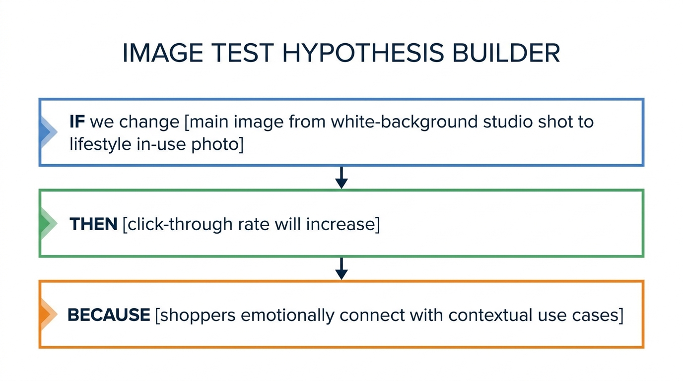 Scientific hypothesis framework diagram showing IF-THEN-BECAUSE structure for Amazon product image A/B testing