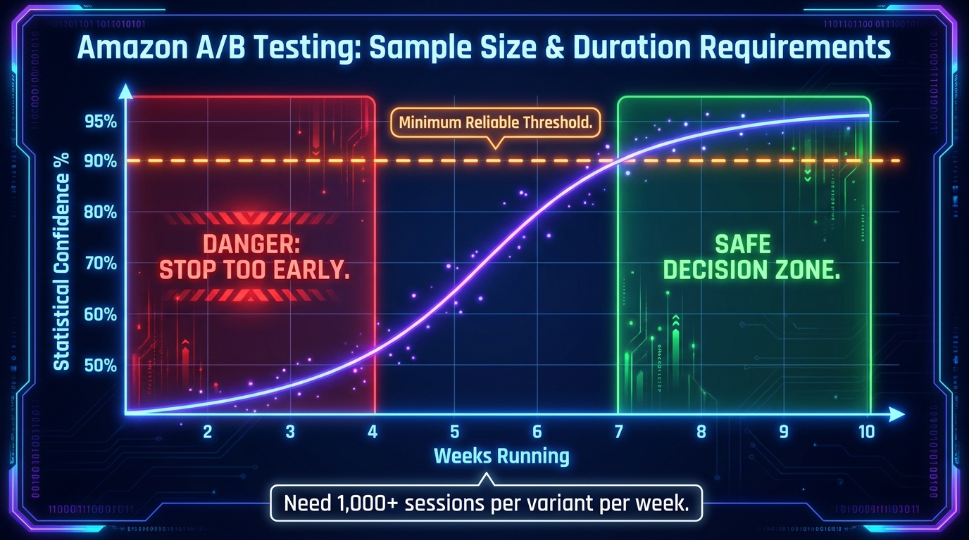Graph showing statistical confidence building over experiment weeks with danger zone in weeks 1-4 and safe decision zone in weeks 7-10 for Amazon A/B testing