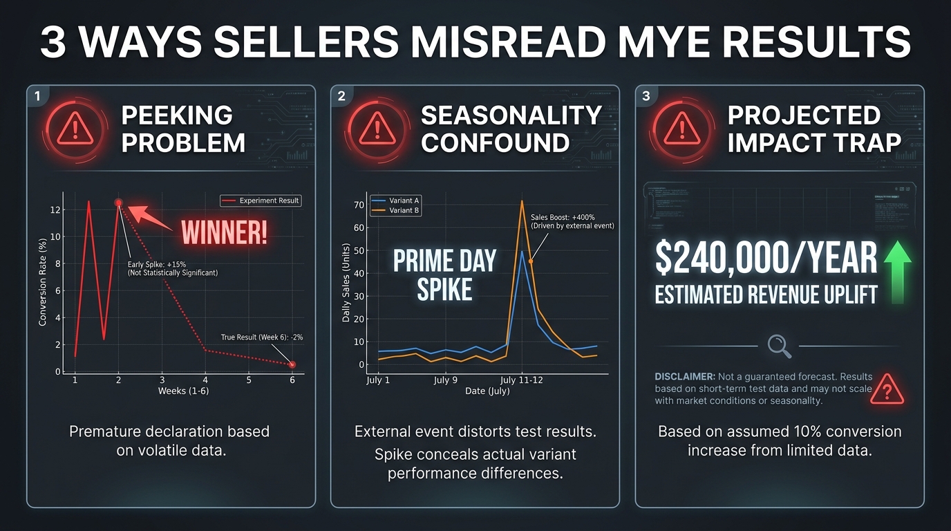 Dashboard showing three common Amazon MYE result misinterpretations: the peeking problem, seasonality confound, and projected impact trap