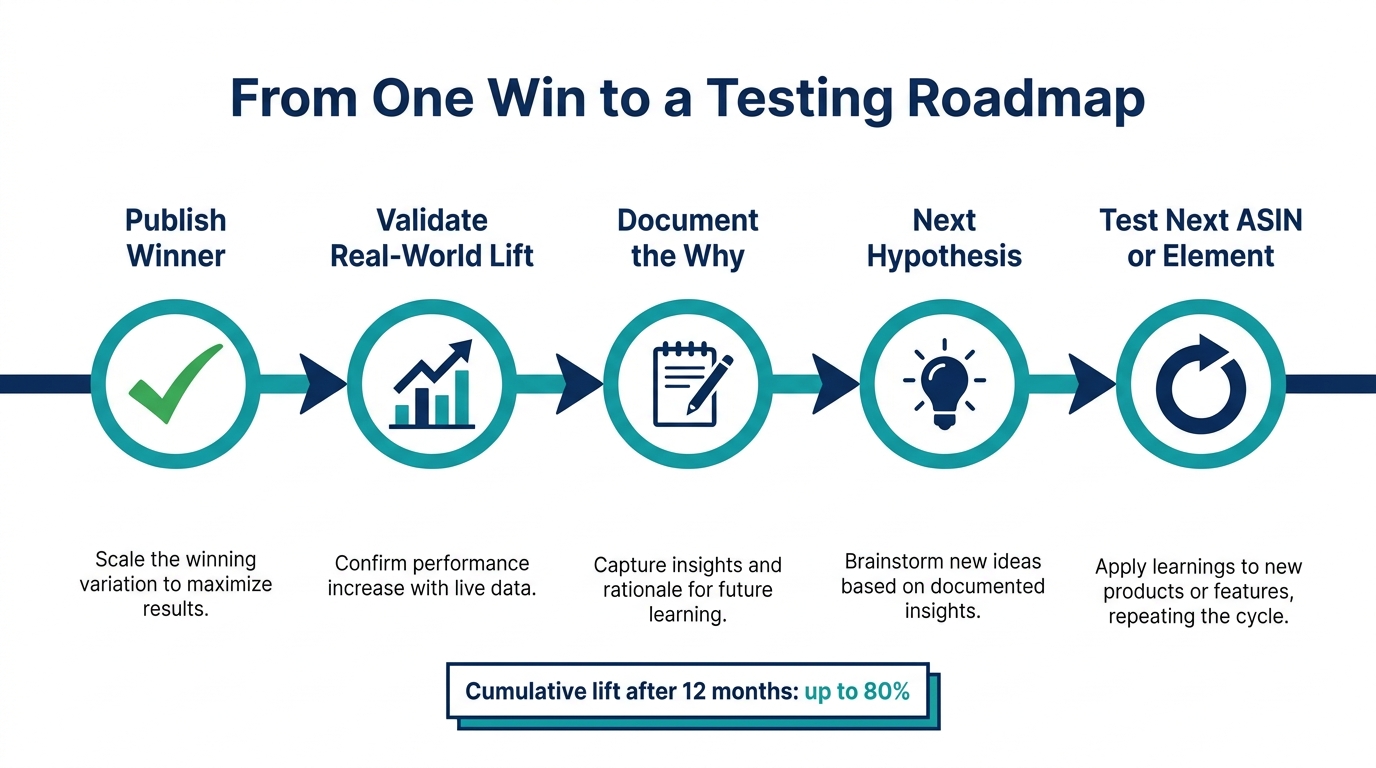 Post-experiment iteration roadmap showing five milestones from publishing winner through validating lift, documenting learnings, forming next hypothesis, and testing next ASIN