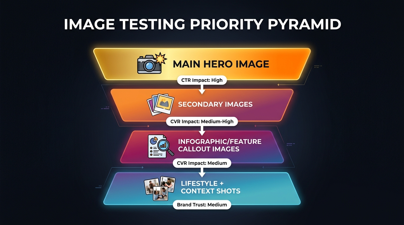 Image Testing Priority Pyramid showing main hero image at top with high CTR impact down through secondary images, infographic callouts, and lifestyle shots