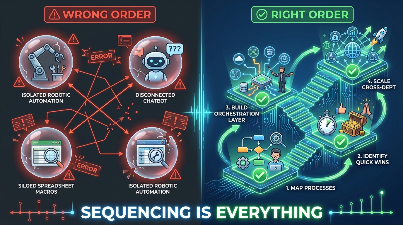 Wrong vs. right order of hyperautomation deployment — sequencing matters for enterprise automation success