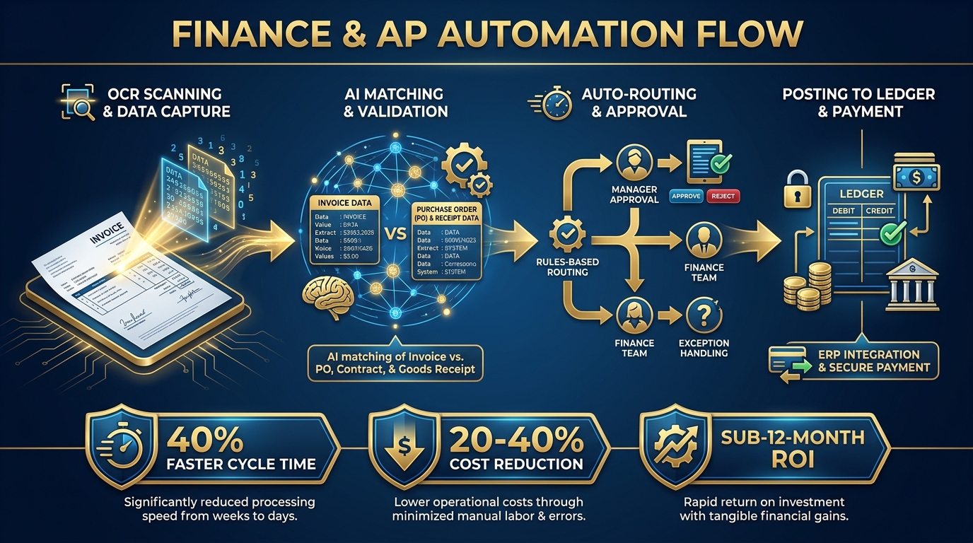 Finance and accounts payable automation flow — OCR scanning, AI invoice matching, and automated approval routing