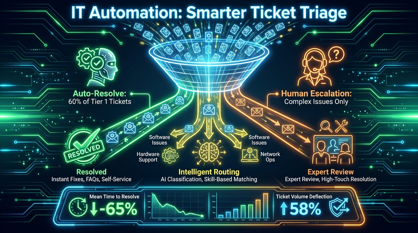 IT service desk hyperautomation — automated ticket triage resolving 60% of Tier 1 tickets without human intervention
