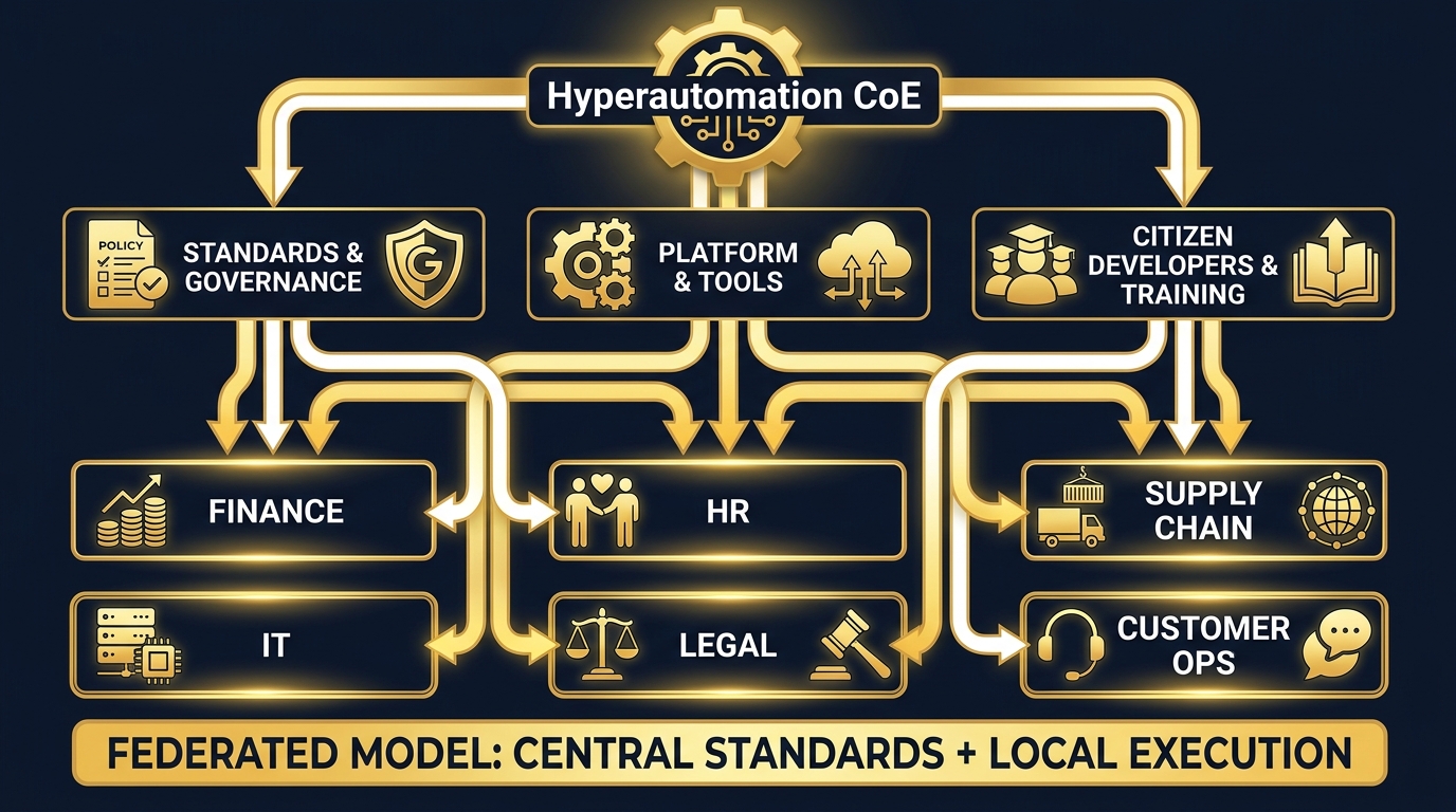 Hyperautomation Center of Excellence — federated governance model with central standards and local execution across departments