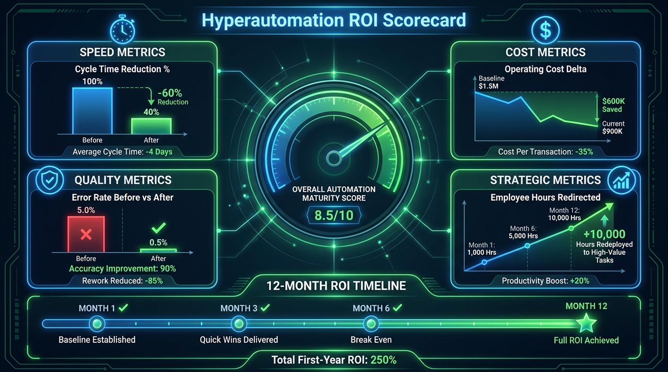 Hyperautomation ROI scorecard — four-quadrant measurement framework covering speed, cost, quality, and strategic metrics