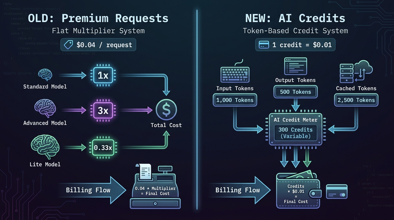 Comparison of GitHub Copilot old Premium Request Unit billing versus new GitHub AI Credits token-based billing system