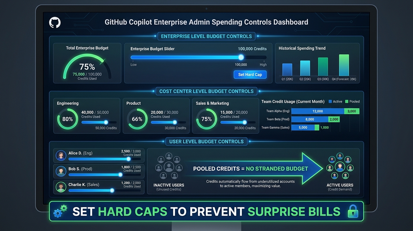 GitHub Copilot enterprise admin dashboard showing three-level budget controls for enterprise, cost center, and user spending limits
