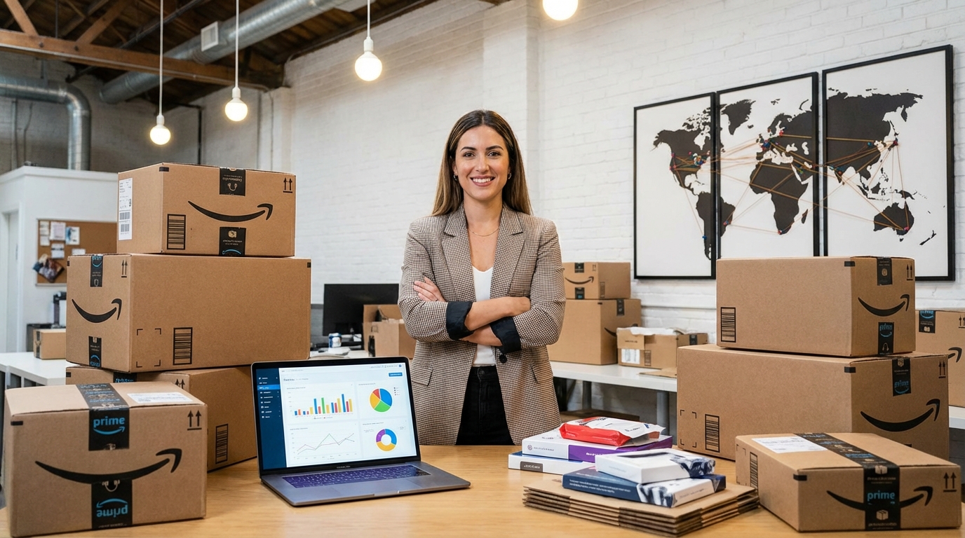 A confident brand owner in a modern e-commerce workspace with Amazon boxes, analytics dashboards, product packaging, and global market maps