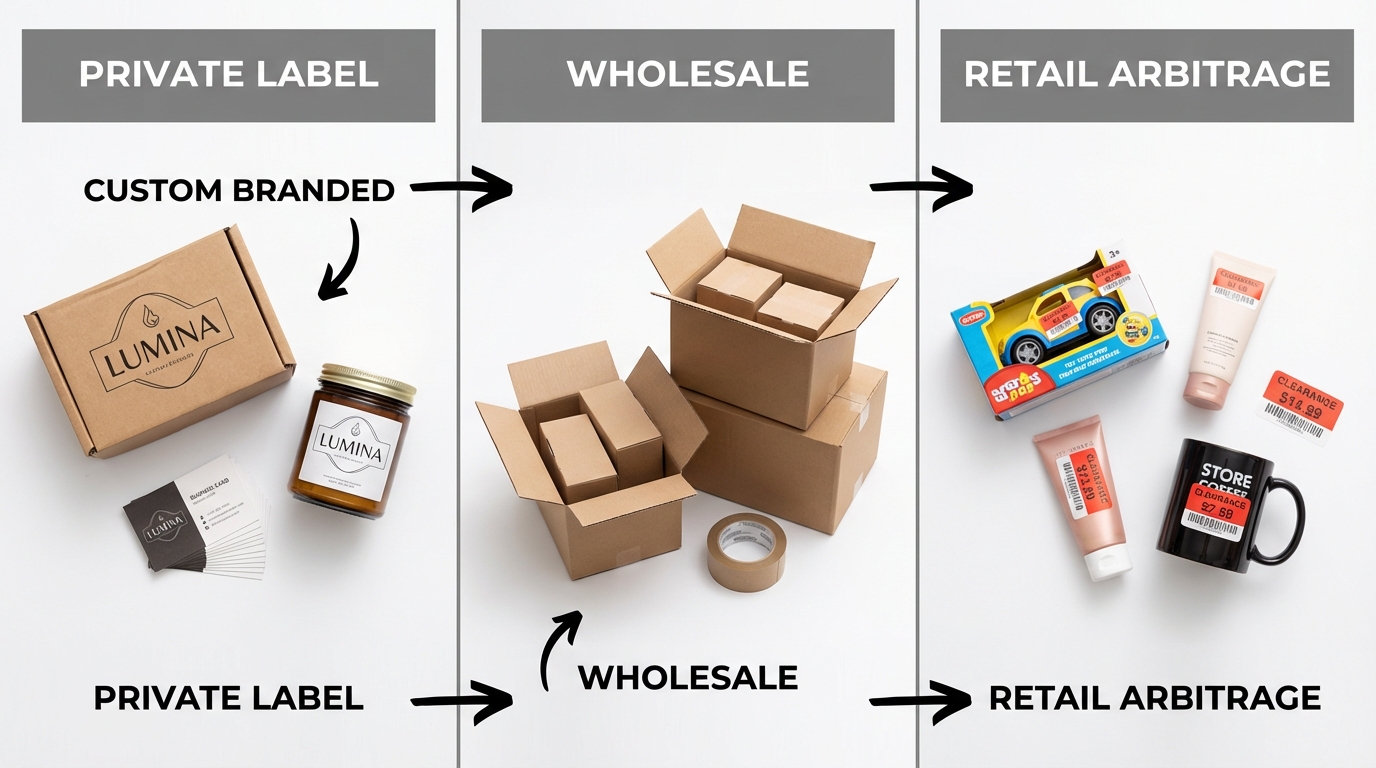 Flat lay showing three Amazon business model paths: private label branded packaging, wholesale bulk boxes, and retail arbitrage with price tags