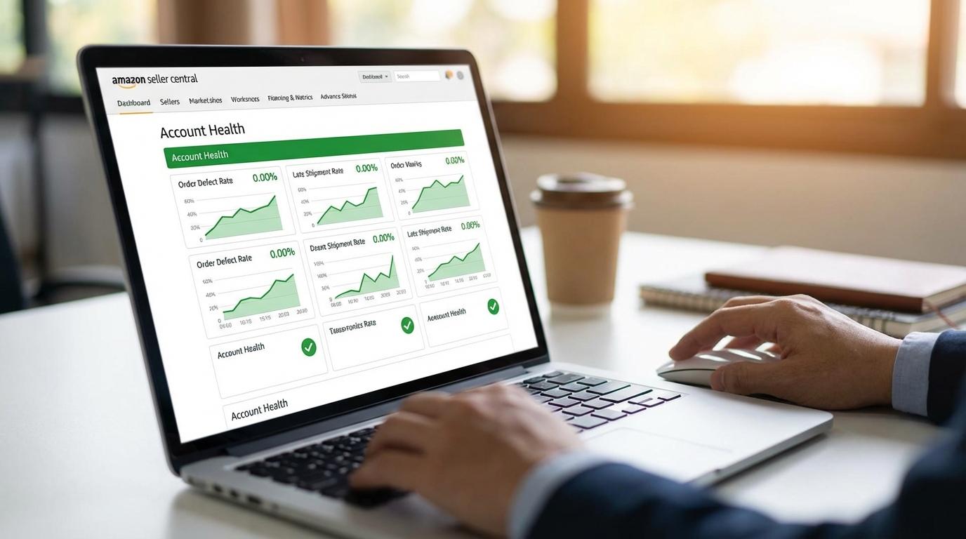 Laptop screen showing Amazon Seller Central account health dashboard with green metrics, charts, and performance indicators