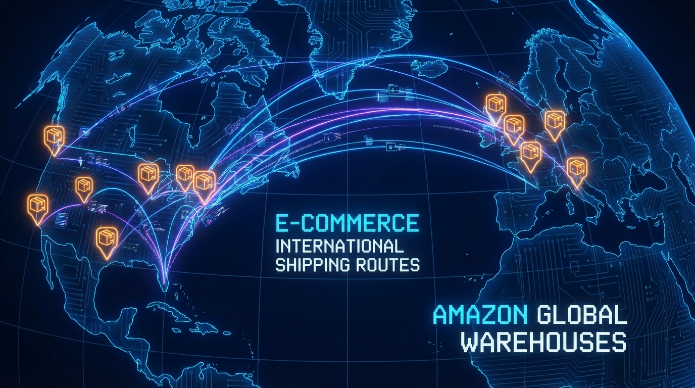 World map with glowing connection lines showing Amazon international shipping routes between North America and Europe with warehouse icons