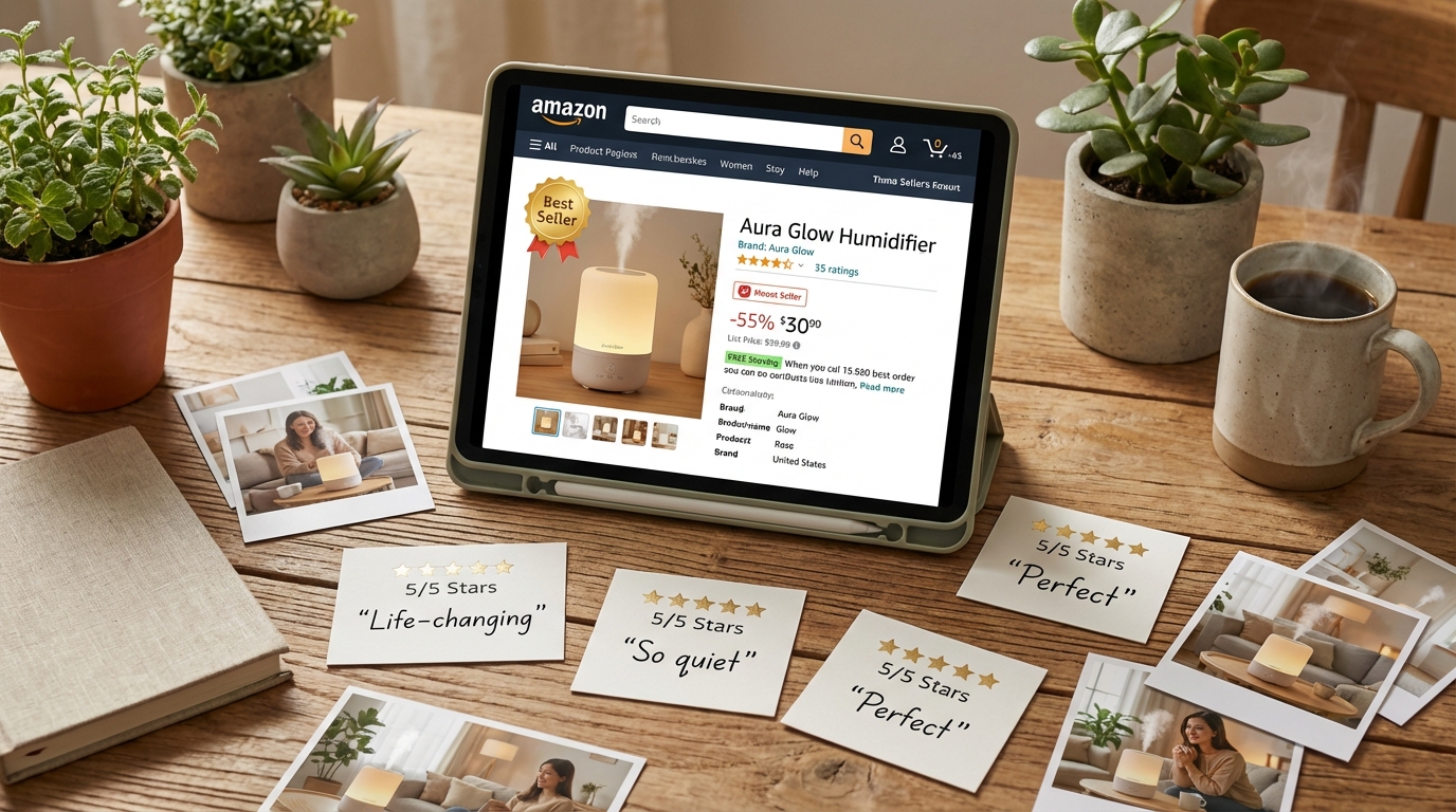 Amazon product listing on tablet screen surrounded by five-star customer reviews, customer photos, and lifestyle photography elements