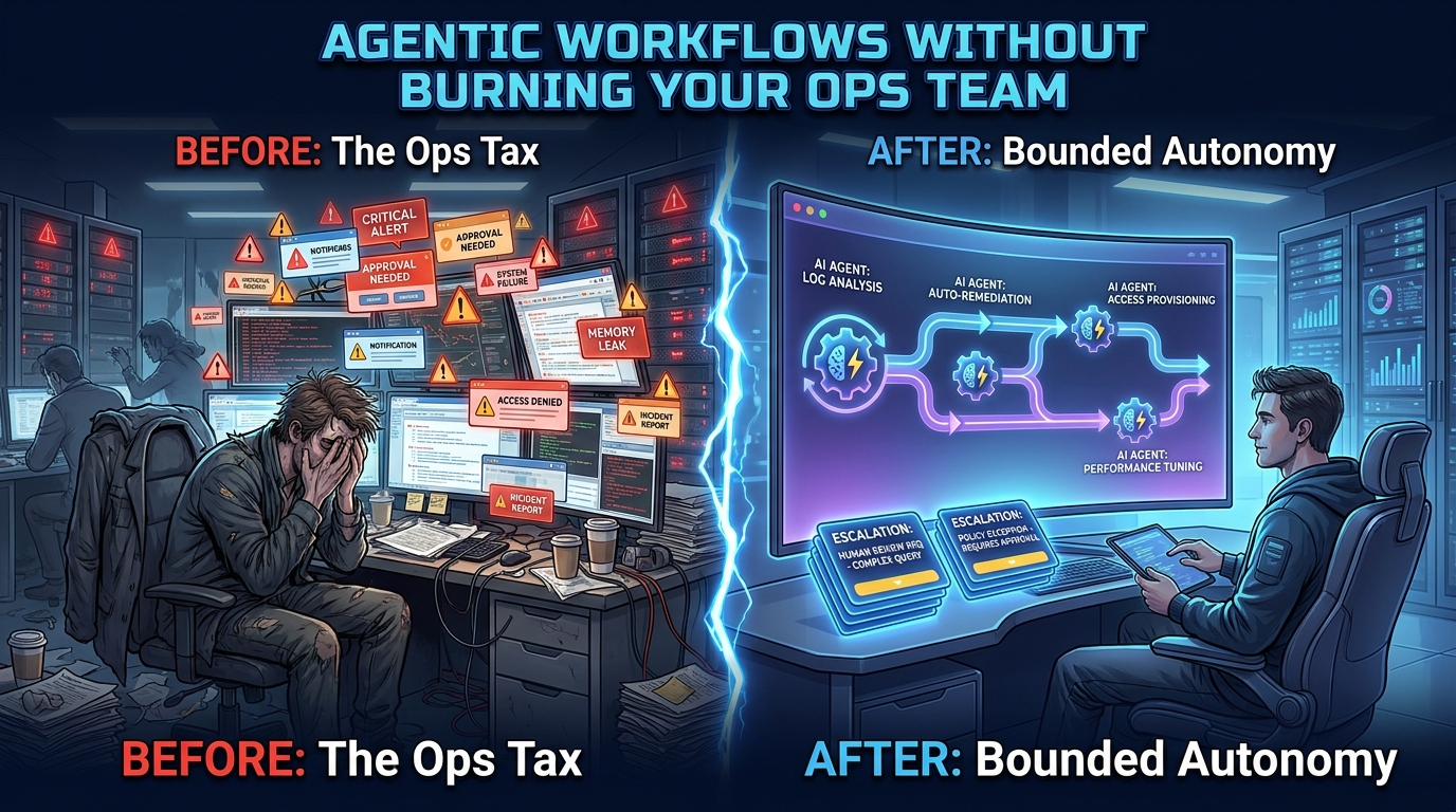 Split scene showing ops engineers before and after implementing bounded autonomy in agentic workflows — from alert overload to calm, automated control
