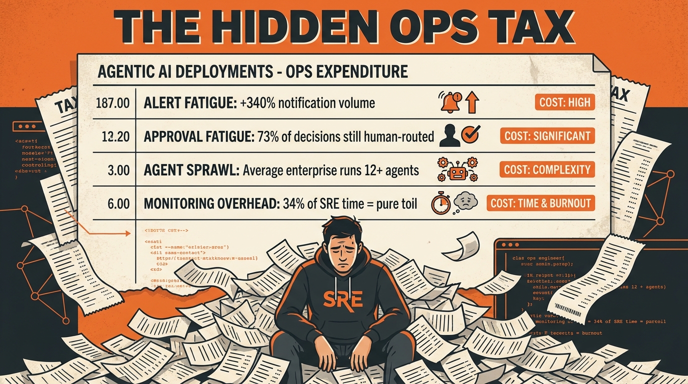 Infographic showing the hidden ops tax of agentic AI: alert fatigue, approval fatigue, agent sprawl, and monitoring overhead with real statistics