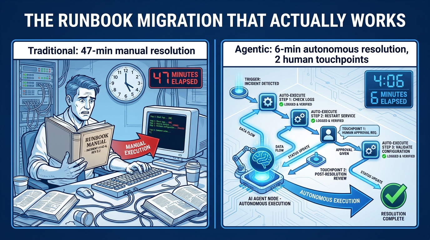 Side-by-side comparison of traditional manual runbook execution taking 47 minutes versus agentic workflow execution completing the same task in 6 minutes with 2 human touchpoints