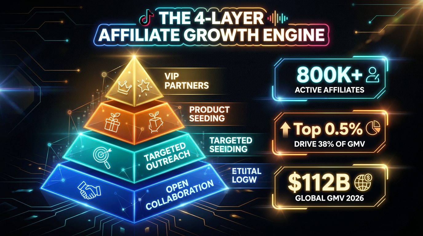 The 4-Layer Affiliate Growth Engine — TikTok Shop creator program pyramid diagram with GMV stats